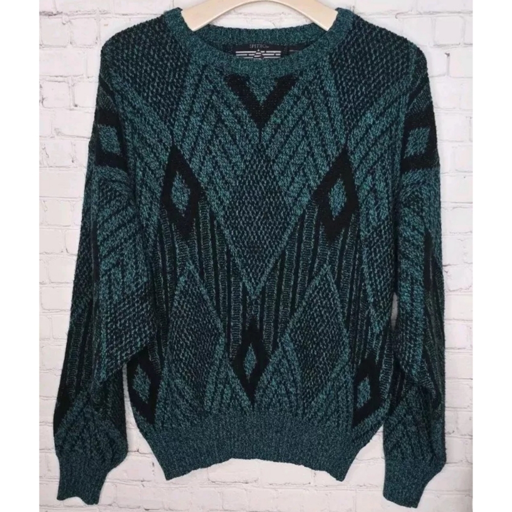 Vtg 80's Green Diamond Pattern Mens Crewneck Pullover Knit Sweater Sz L